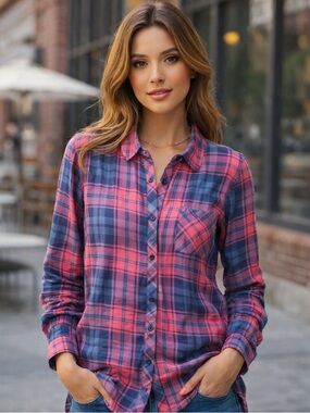 Rails Hunter Blue and Pink Flannel Button Up